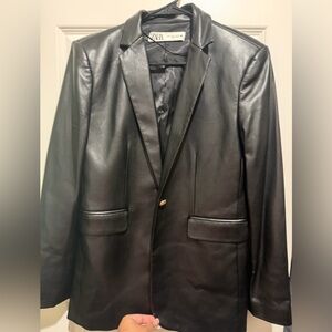 Zara Sleek Black Faux Leather Blazer